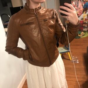 Maralyn & Me Brown leather jacket with zipper pockets and a zip up front